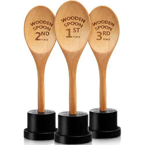 Highergo 3 Pieces Golden Spoon Award Trophies Set Chili Cook Off Wood Spoon Prizes Wooden Laser Engraved with Wooden Trophy Base Cooking Baking Gifts for Bake Off Chili