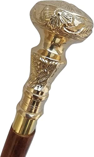 Gold Folding Wooden Walking Cane with Brass Handle - Victorian Style, Collapsible, 37 Inches