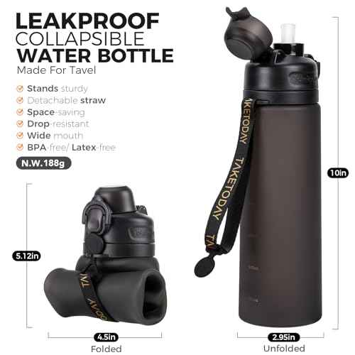 TakeToday Collapsible Water Bottles 20oz, Leak Proof, BPA-Free, Foldable Silicone Travel Water Bottle with Straw Strap for Cycling, Hiking, Outdoors