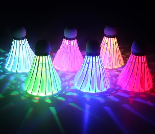 Inngree LED Badminton Birdies, LED Colourful Shuttlecock Dark Night Goose Feather Glow Birdies Lighting Outdoor Indoor Sport Activities (Colourful-6pcs)