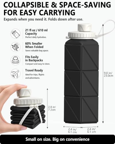 21oz Collapsible Silicone Water Bottle - Travel & Hiking Friendly