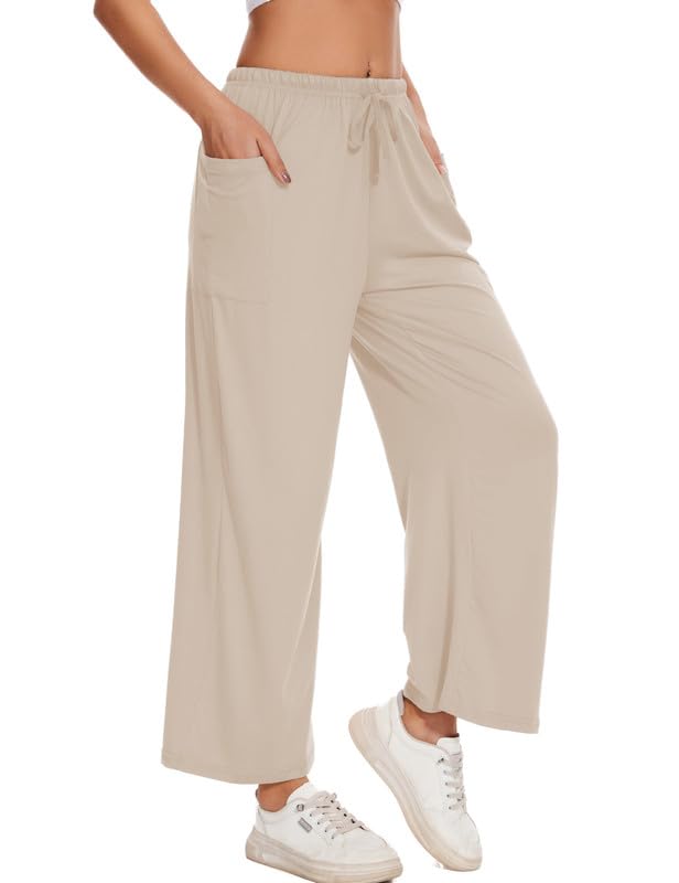 Large Women's Wide Leg Lounge Pants - Beige Comfy Harem Pajama Sweatpants with Pockets
