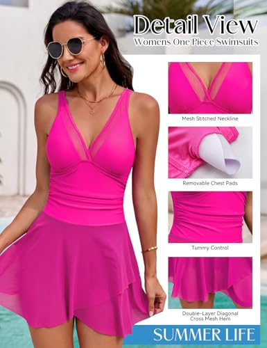 Women One Piece Swim Dress X-Large Hot Pink Double Layer Mesh V Neck Tummy Control