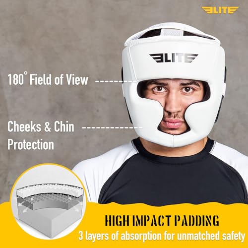 Elite Sports Boxing Headgear Men White Adjustable Sparring MMA Kickboxing Muay Thai Helmet