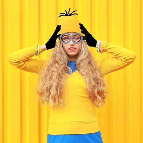 4 Pcs Halloween Yellow Costume Accessories for Adult, Yellow Beanie Hats, Goggles Glasses, Elastic Black Gloves for Halloween Dress Up Men Women Cosplay Party