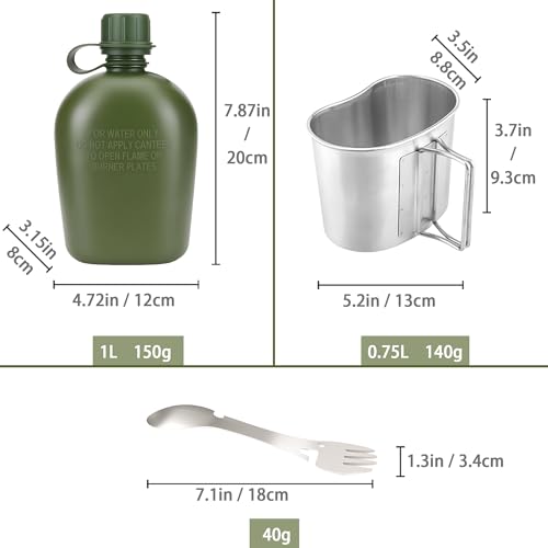 Green Military Canteen Set with Aluminum Cup and Tactical Spork - 1 Quart Water Bottle for Camping Hiking