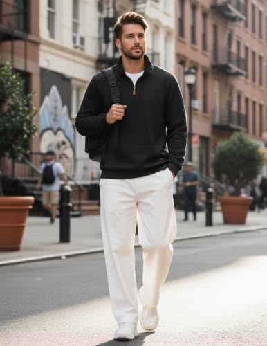 Men's Large Black Quarter Zip Pullover Sweatshirt - Waffle Fleece with Leather Accents