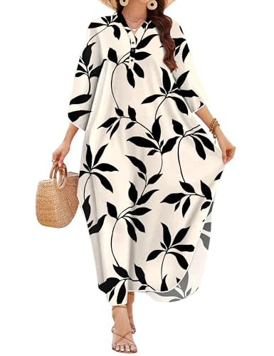 Women Kaftan Dress Maxi Cover-Up for Beach and Summer - Black White Leaves, Large-XX-Large