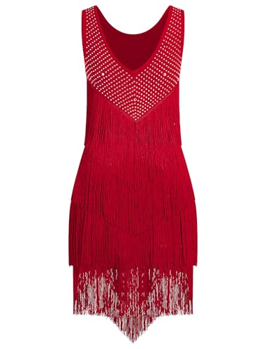Red Rhinestones Layered Fringe Dance Dress for Women - Ballroom Latin Flapper Costume