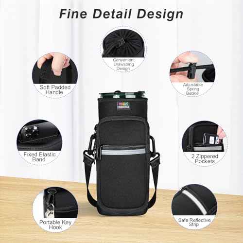Nuovoware Magnetic Water Bottle Carrier Bag, 25oz/32oz Bottle Pouch Holder, Adjustable Shoulder Strap 2 Pocket Sling Neoprene Sleeve Sports Water Bottle Accessories for Gym Hiking Travelling Camping