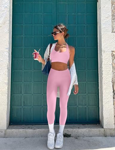 Women Workout Sets 2 Piece Halter Sports Bra Scrunch Butt Leggings - Pink Medium