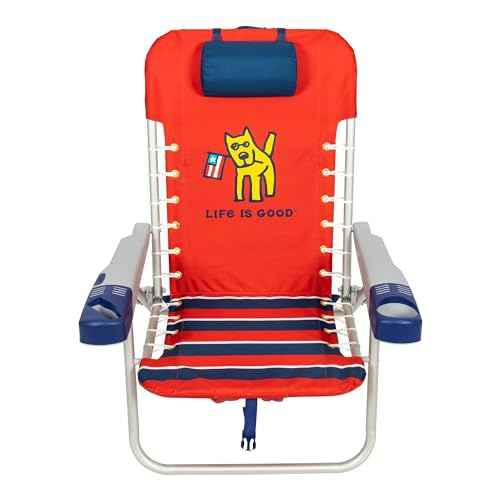 Life is Good 4-Position Lace-up Backpack Beach Chair with Pillow, Cup and Phone Holder, Faded Red