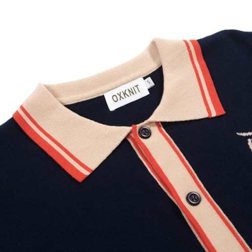 Men's Vintage Knit Short Sleeve Polo Shirt Dark Blue XX-Large - Owl Pattern
