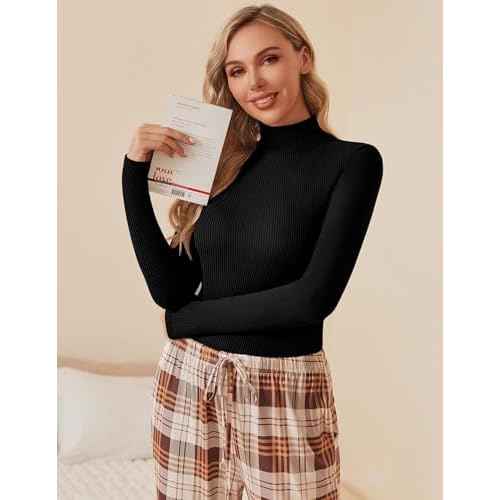 Ekouaer Women Turtleneck Shirt Long Sleeve Layer Tops Basic Ribbed Tees Soft Stretch Thermal Undershirts Lightweight Blouse