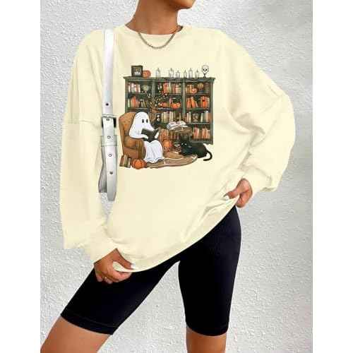KIDDAD Halloween Sweatshirt for Women Ghosts Reading Books Graphic Long Sleeve Sweater Cute Spooky Bookish Shirts