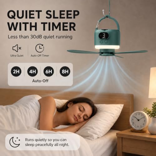Dark Green Camping Tent Fan with Light - Rechargeable Hanging Fan with Remote, 11.4 Inches