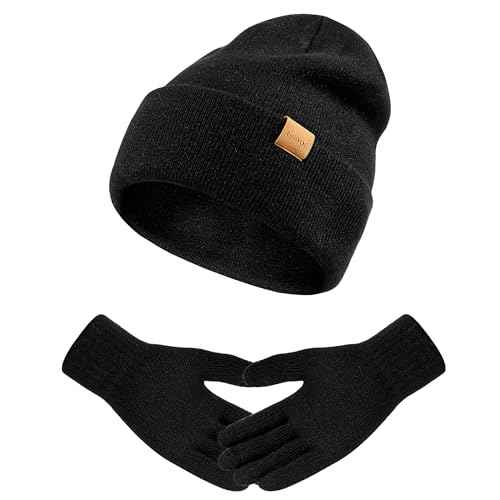 Womens Beanie Winter Hat Touchscreen Gloves Set Fleece Lined Skull Caps for Women Men