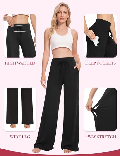 Wide Leg Pants for Women with Pockets High Waist Lounge Pants Medium Black