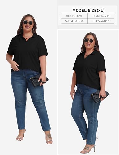 Plus Size Golf Polo Shirt for Women V-Neck Collared Short Sleeve Top - Black, XX-Large
