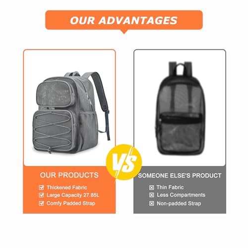 Grey 30L Heavy Duty Mesh Backpack Large Capacity Beach Bag