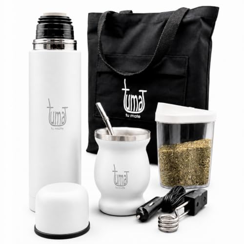 Yerba Mate Set with Stainless Steel Cup, Bombilla & Thermos - White Classic Kit