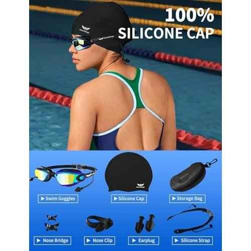 7 in 1 Swim Goggles + Swim Cap for Men Women,No Leak Anti-Fog & UV, Wide Visio HD Mirror PC Lens
