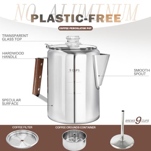 9 Cup Stainless Steel Coffee Percolator - Camping & Stovetop Brew