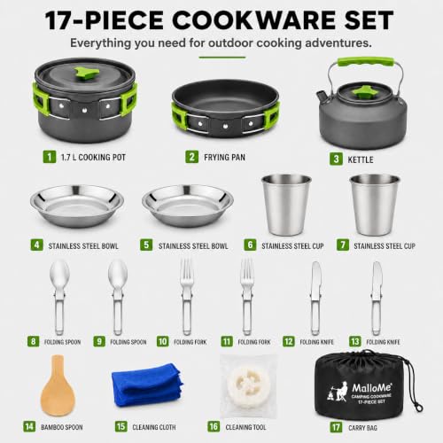 17-Piece Camping Cookware Set - 1.7L Pot, Frying Pan, Kettles, Cups & Utensils - Green