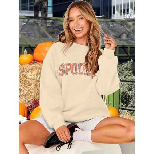 Halloween Spooky Sweatshirts Women Classic Spooky Letter Print Long Sleeve Shirt Halloween Crewneck Pullover Blouse