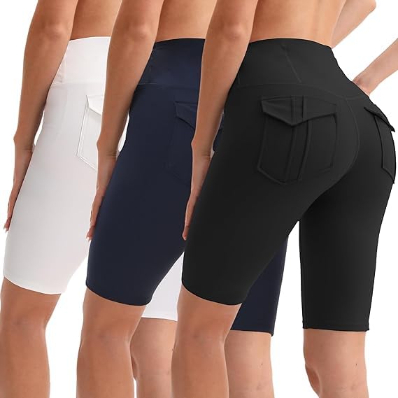 Women’s High Waisted Biker Shorts with Pockets - Large, Black White Navy 3-Pack