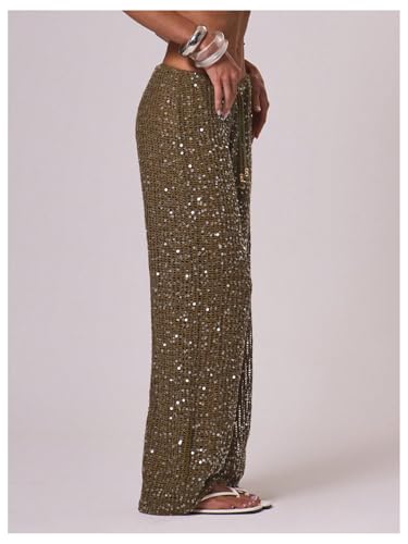 Women's Sequin Crochet Cover Up Pants - Hollow Out Beach Swimwear Medium Brown Green