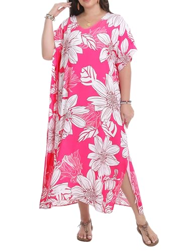 Women's V-Neck Batwing Sleeve Kaftan Dress - Lightweight Beach Cover Up, Hot Pink White Flower, One Size