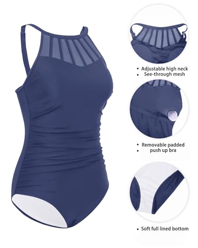 Women One Piece Swimsuit Tummy Control High Neck Bathing Suit Grey Blue Large