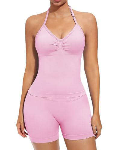 Pink 2 Piece Workout Sets for Women Halter Neck Tank Top & High Waist Scrunch Shorts - Medium