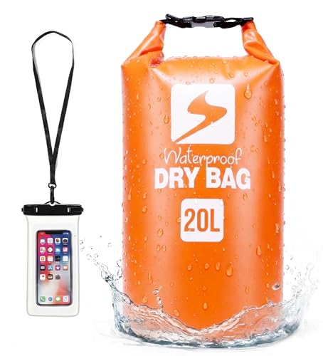 Soulsfeng Waterproof Dry Bag Backpack 20L Orange with Phone Case - Floating Kayak & Beach Storage
