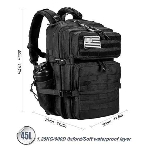 LHI Military Tactical Backpack for Men and Women 45L Army 3 Days Assault Pack Bag Large Rucksack with Molle System - Black