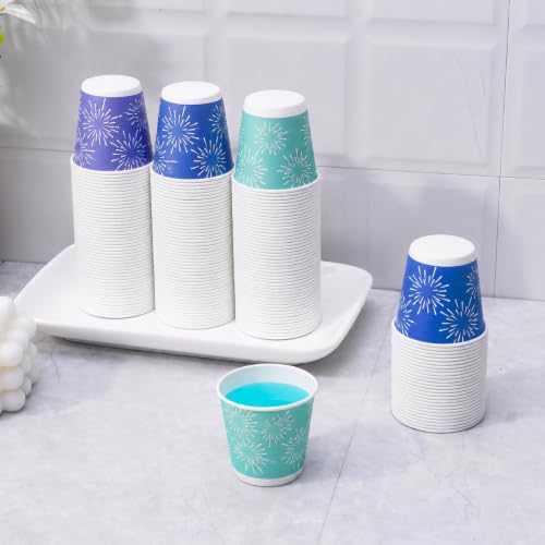 Tamone 600 Pack 3 oz Disposable Bathroom Cups - Green, Blue & Purple Fireworks Design, Small Paper Cups for Party, Travel, Home & Events
