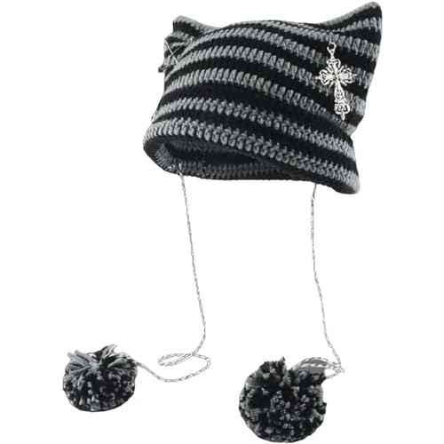 Y2k Beanies Crochet Knitted Cat Hats Goth Cross Devil Hat Striped Alt Emo Accessories Grunge Y2k Aesthetic Clothes