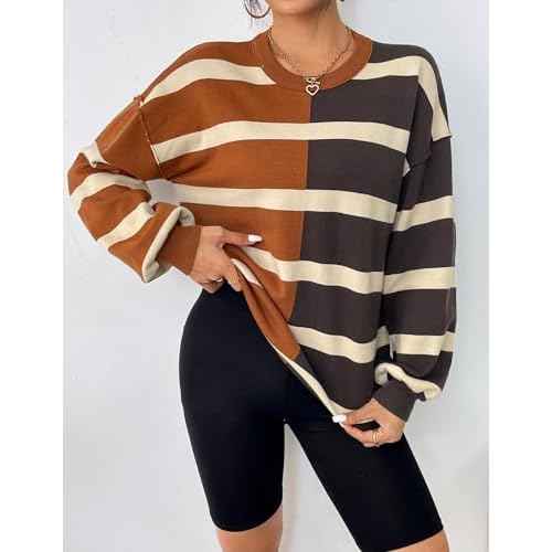 Zeagoo Womens Striped Oversized Sweater 2025 Crew Neck Long Sleeve Knitted Color Block Casual Loose Pullover Top