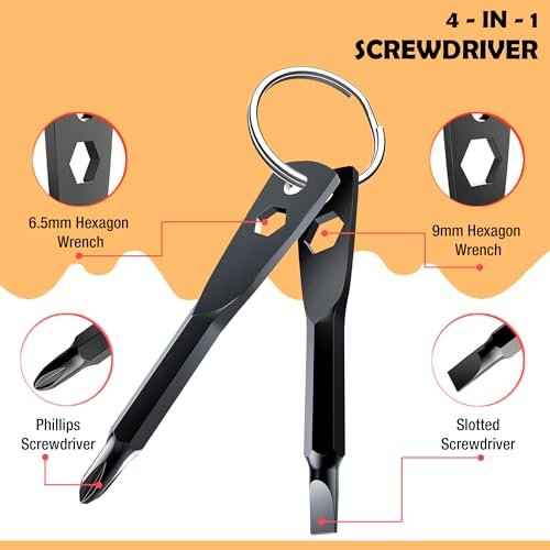 4-in-1 Keychain Screwdriver Gifts for Men Who Have Everything Stocking Stuffers for Adults Christmas Teens Dad Him Husband Ideas Boyfriend Father Tools Bit with Phillips, Slotted and Hex Wrench