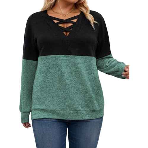 ROSRISS Womens Plus-Size Sweatshirts Casual Color Block Long Sleeve Tops Oversized Trendy Criss Cross V Neck Shirts XL-5XL