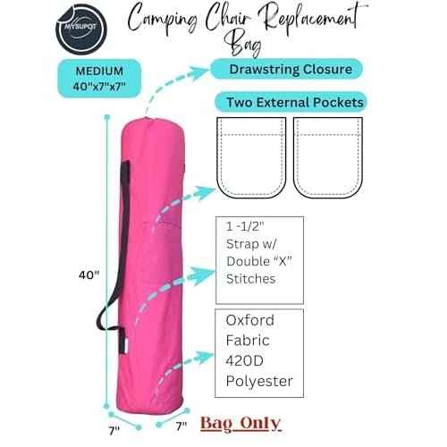 40"x7"x7" (Pink, M) Replacement Bag for Folding Camping Chair, Camp Chairs, Hammock, Yoga Mat, Beach Chair, Umbrella, Tent Bag 420D Oxford Polyester Fabric w/Side Pockets