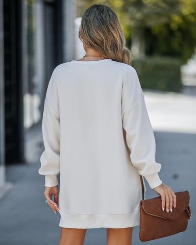 Oversized Crewneck Sweatshirt with Side Zipper Slit - Large Apricot