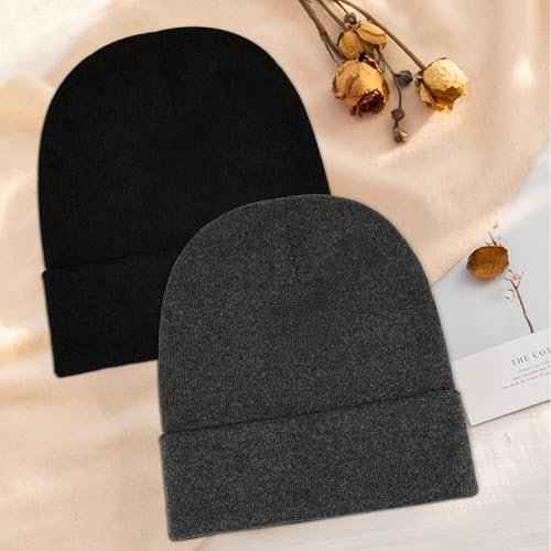 2 Pack Unisex Beanie for Men Women, Slouchy Cuffed Winter Beanie Hats, Soft Warm Knit Beanies Skull Cap Ski Hats- Black, Gray
