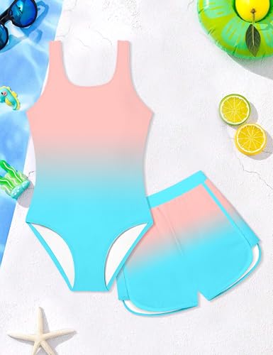Girls One-Piece Swimsuit Color Block Bathing Suit with Shorts - Blue Pink, Age 9-10