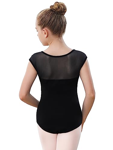 Girls Ballet Leotard with Cotton Mesh Cap Sleeve for Dance Class - 6-7 Years, Black