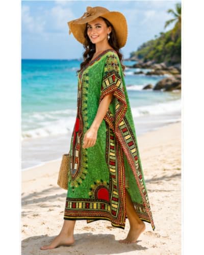 Women African Kaftan Maxi Swimsuit Beach Cover Up Nightwear Loungewear Casual Dress - Alkc-Green