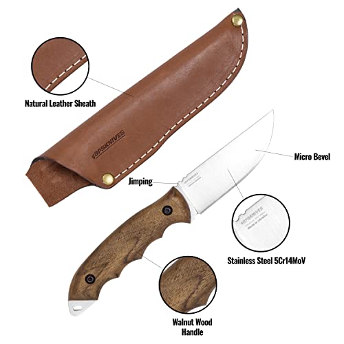 HK4 Fixed-Blade Stainless Steel Camping Knife with Leather Sheath - Bushcraft & Survival
