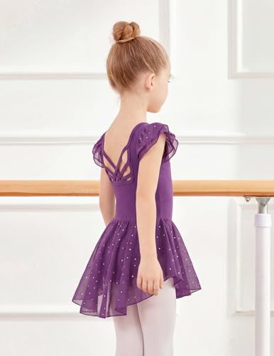Girls Ruffle Sleeve Ballet Leotard with Criss-Cross Back - Dark Purple, 6-7 Years