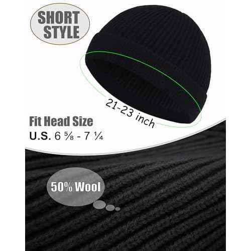ROYBENS Short Fisherman Beanie for Men Women, Wool Warm Winter Hat, Swag Knit Cuff Soft Trawler Beanies Watch Cap Skull Caps